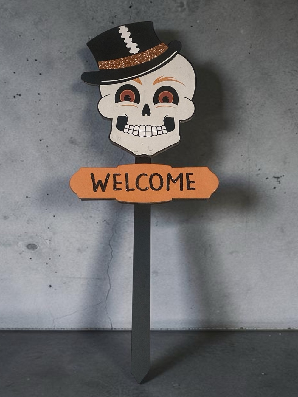 Halloween Skull Welcome Yard Stake - Orange & Black